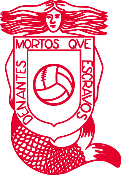 Sirena de Castelao, soporta un escudo con un balón de cuero y una bordura que reza: «Denantes mortos que escravos»