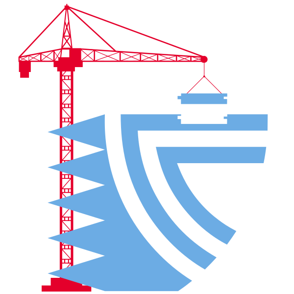 Ilustración de una grúa poniendo una pieza al logo de Pucelestes